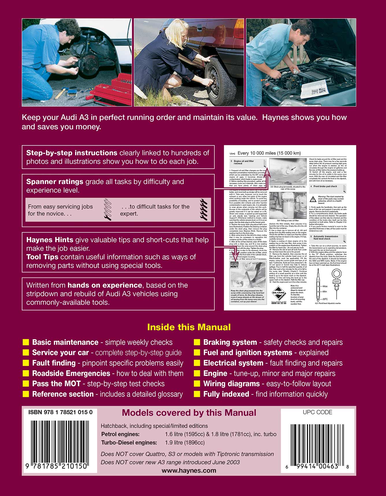 Audi A3 Petrol & Diesel (1996-May 2003) Haynes Repair Manual Printed Book Back Cover