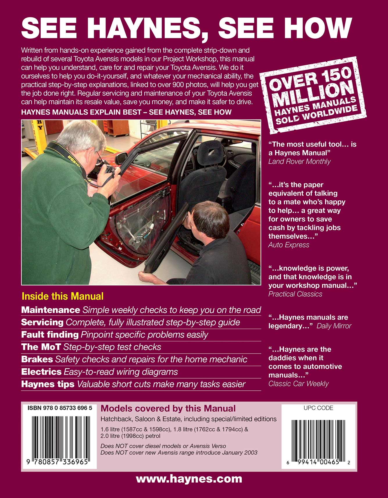 Toyota Avensis Petrol (1998-Jan 2003) Haynes Repair Manual Printed Book Back Cover
