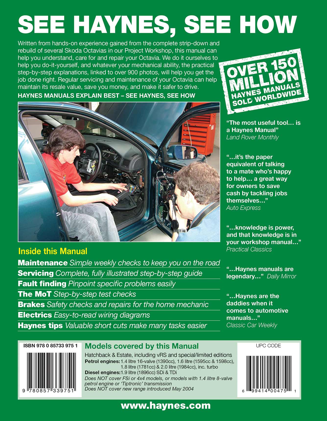 Skoda Octavia Petrol & Diesel (1998-Apr 2004) Haynes Repair Manual Printed Book Back Cover