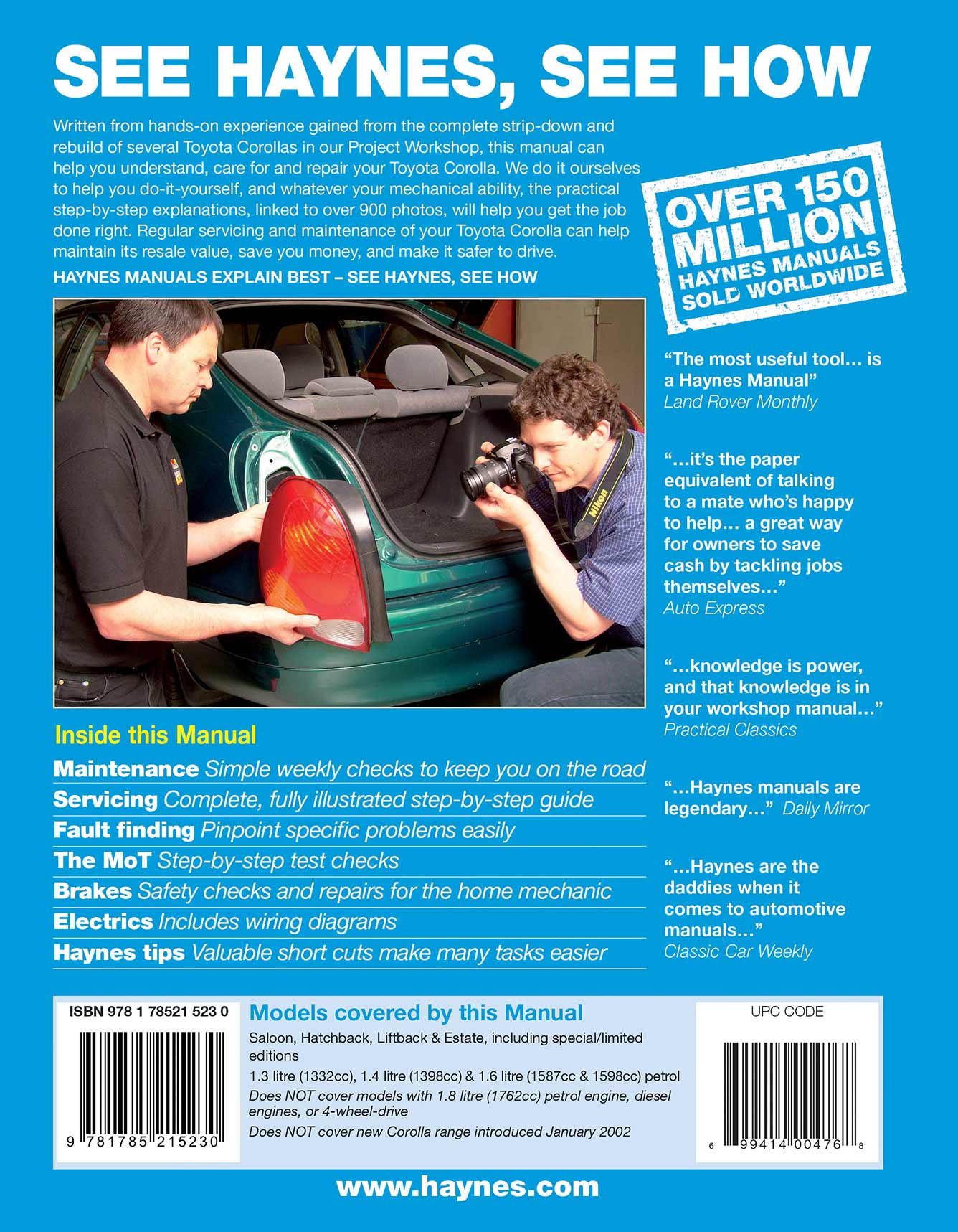 Toyota Corolla Petrol (July 1997-Feb 2002) Haynes Repair Manual Printed Book Back Cover
