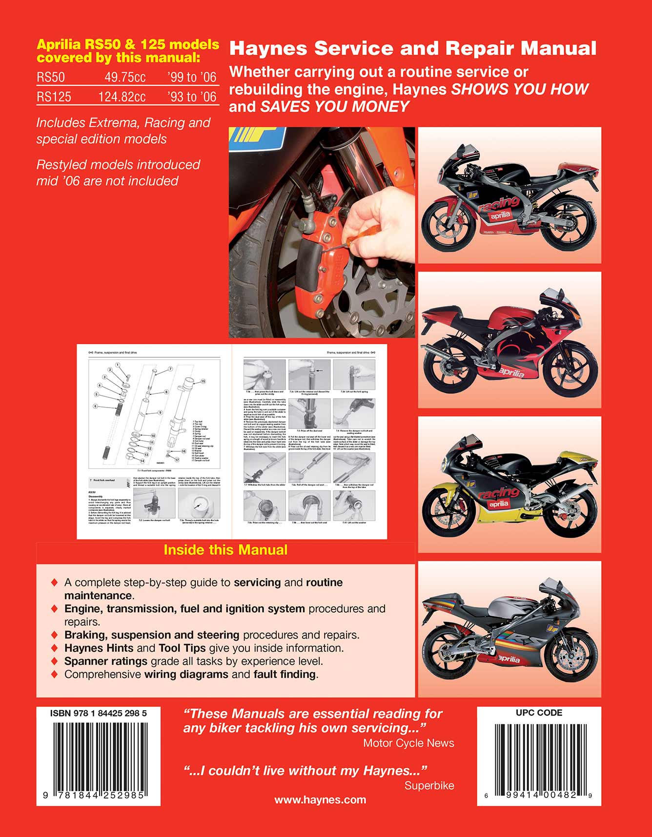 Aprilia RS50 (1999-2006) & RS125 (1993-2006) Haynes Repair Manual Printed Book Back Cover