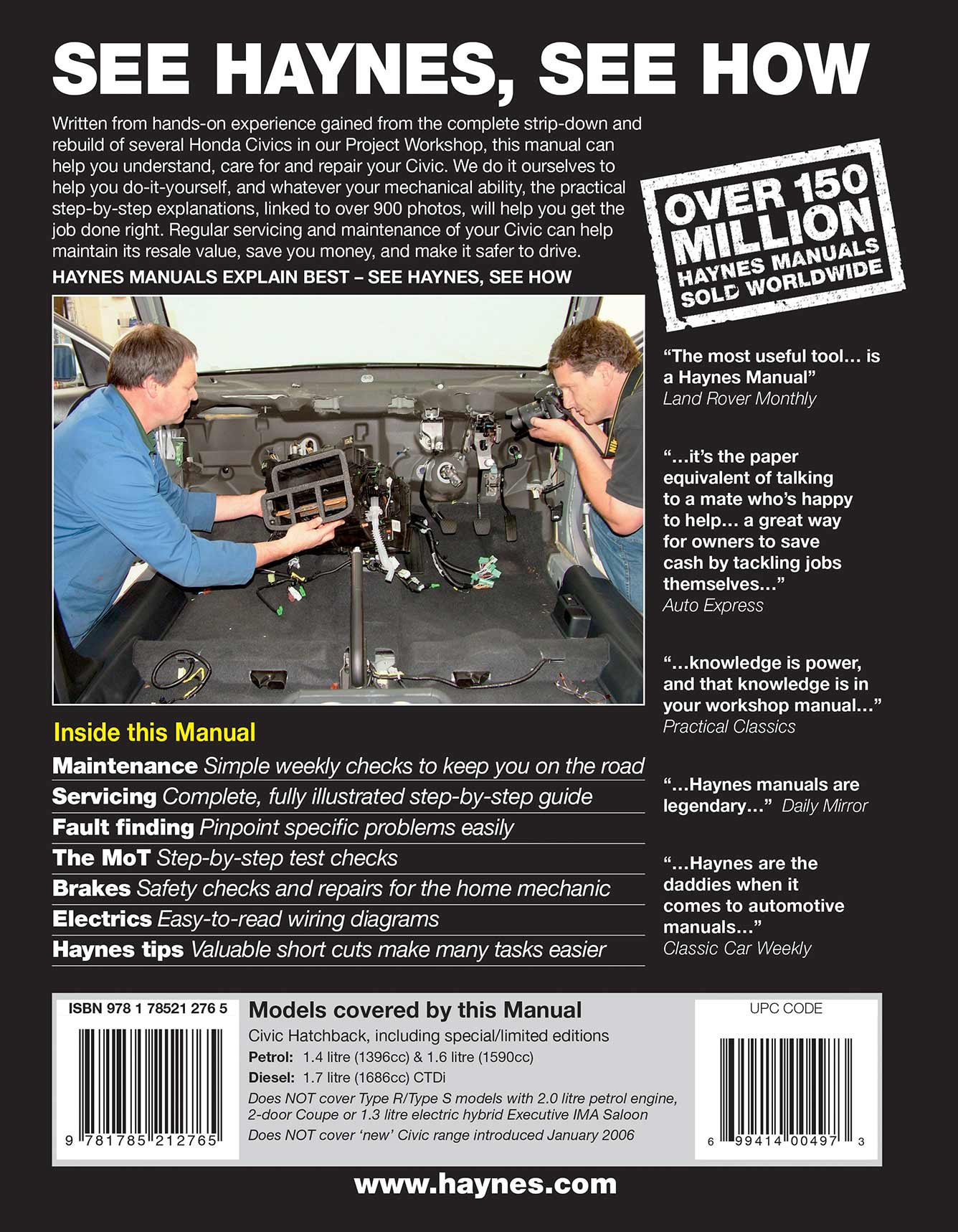 Honda Civic Petrol & Diesel (2001-2005) Haynes Repair Manual Printed Book Back Cover