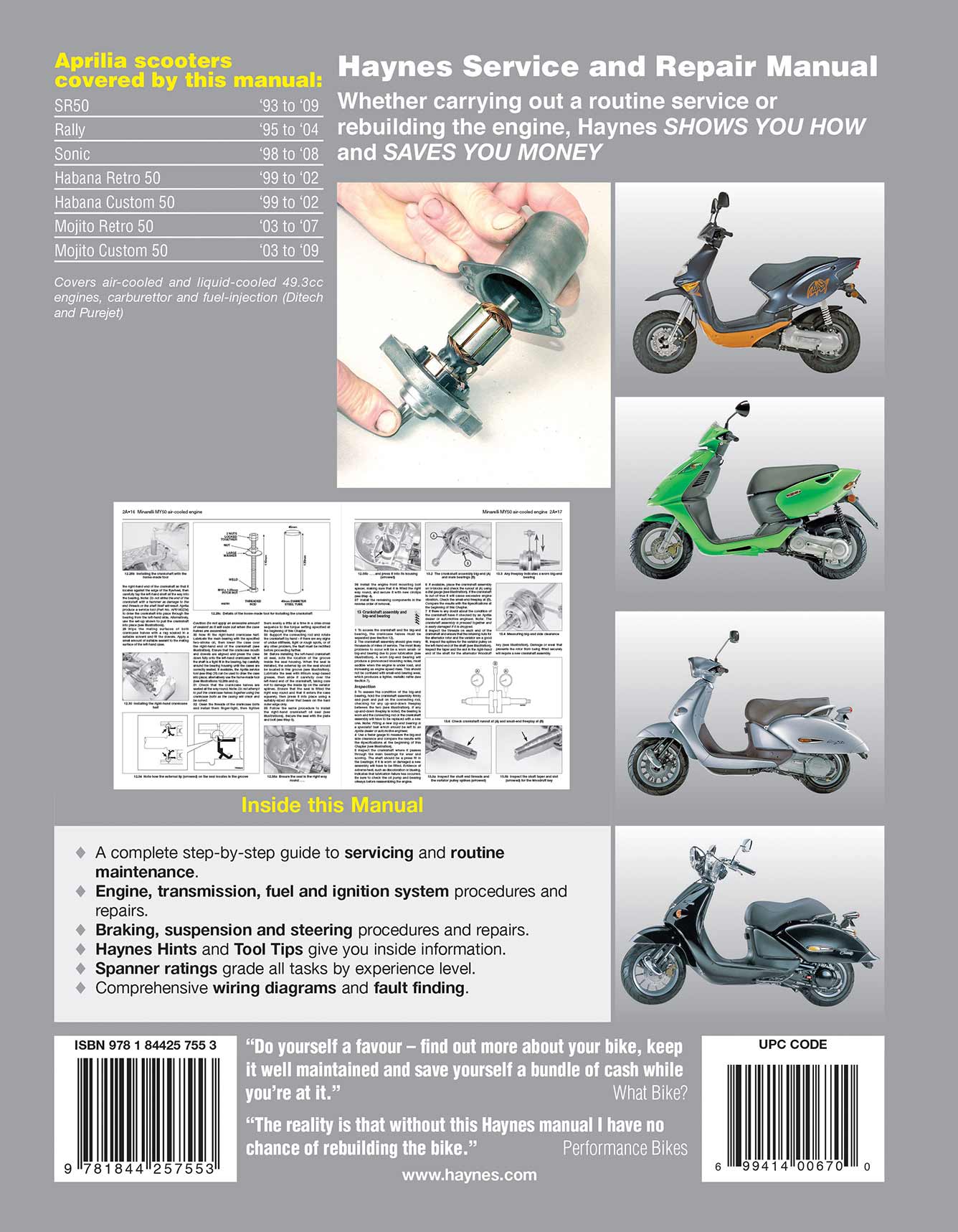 Aprilia SR50, Rally, Sonic & Habana/Mojito Scooters (1993-2009) Haynes Repair Manual Printed Book Back Cover