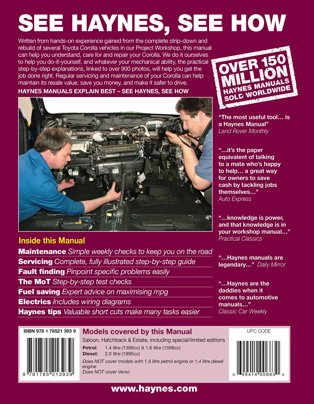 Toyota Corolla Petrol & Diesel (2002-Jan 2007) Haynes Repair Manual Printed Book Back Cover