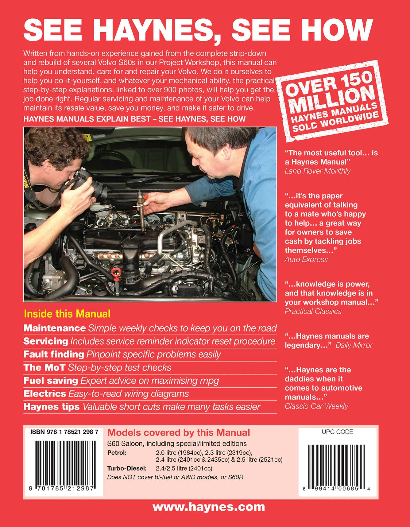 Volvo S60 Petrol & Diesel (2000-2009) Haynes Repair Manual Printed Book Back Cover