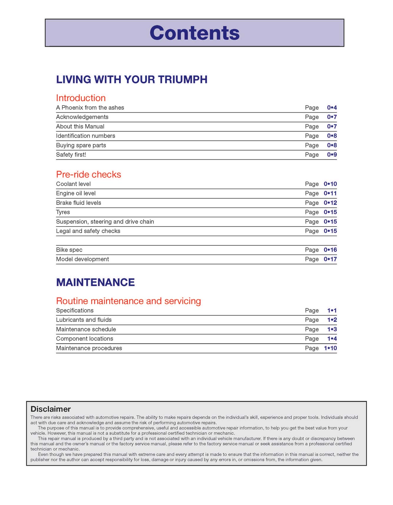 Triumph 1050 Sprint ST, Speed Triple & Tiger (2005-2015) Haynes Repair Manual Printed Book Table of Contents