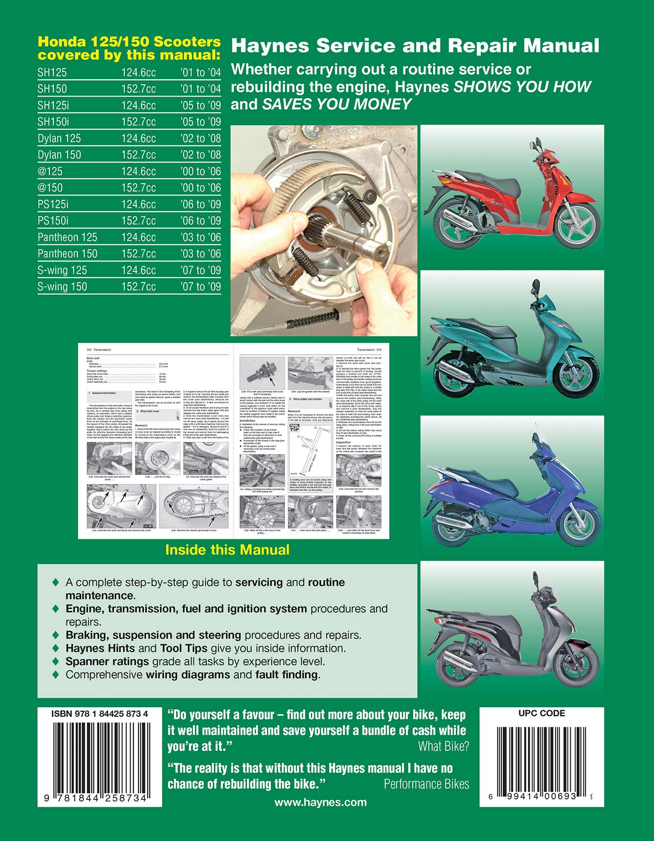Honda 125 Scooters (SH, SES, NES, PES & FES 125) (2000-2009) Haynes Repair Manual Printed Book Back Cover