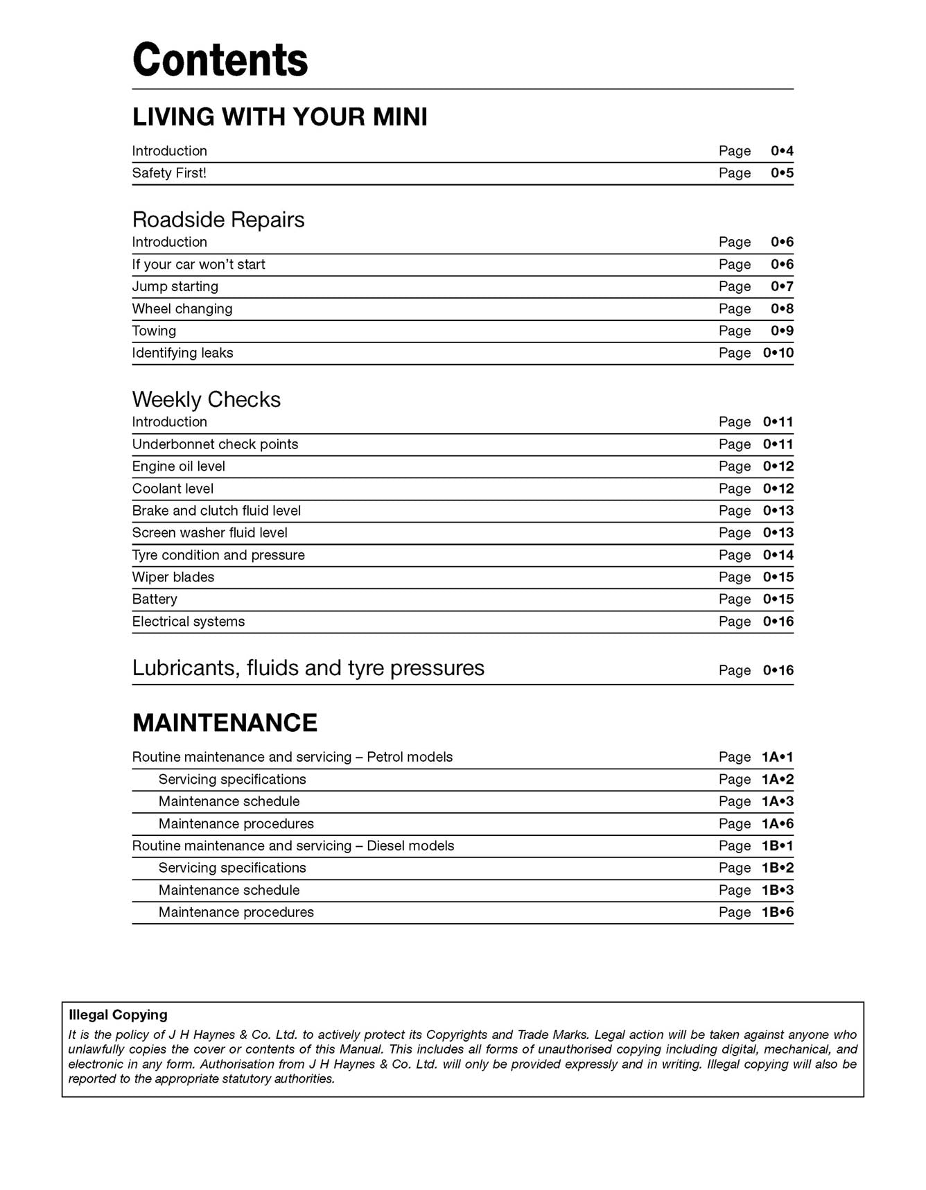 MINI Petrol & Diesel (Nov 2006-2013) Haynes Repair Manual Printed Book Table of Contents