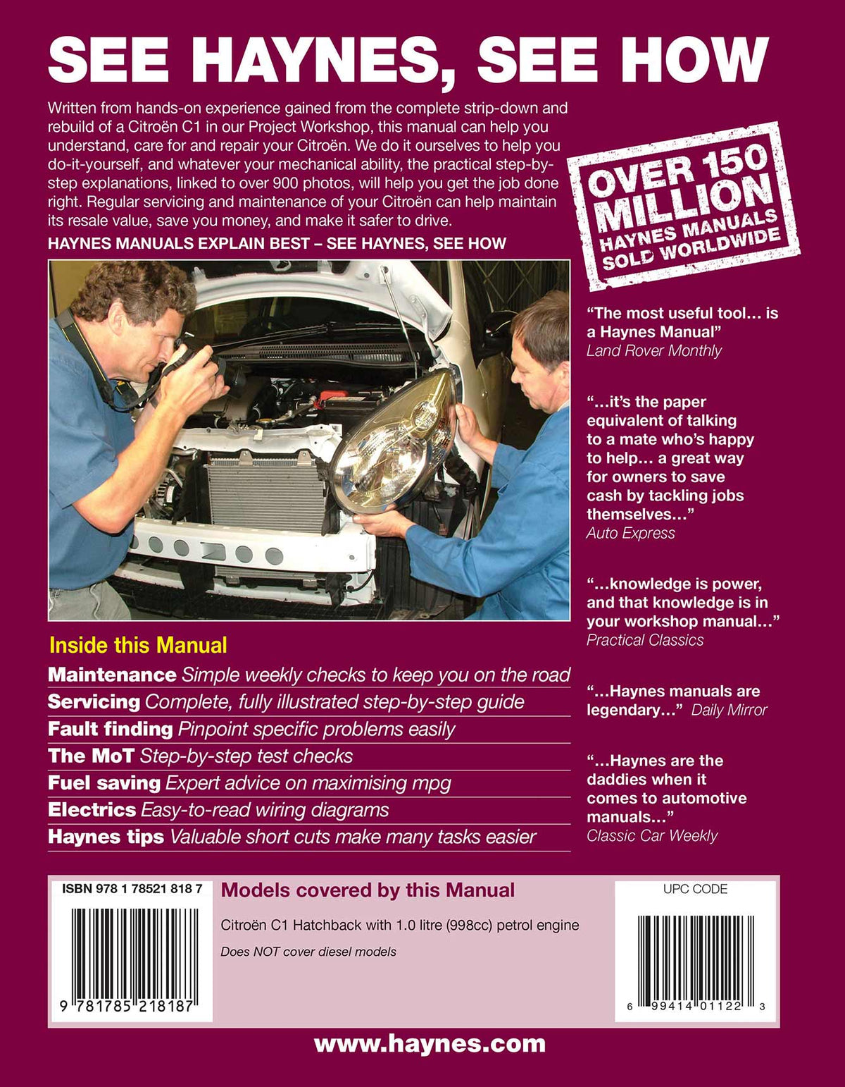 Citroen C1 Petrol (2005-2011) Haynes Repair Manual Printed Book Back Cover