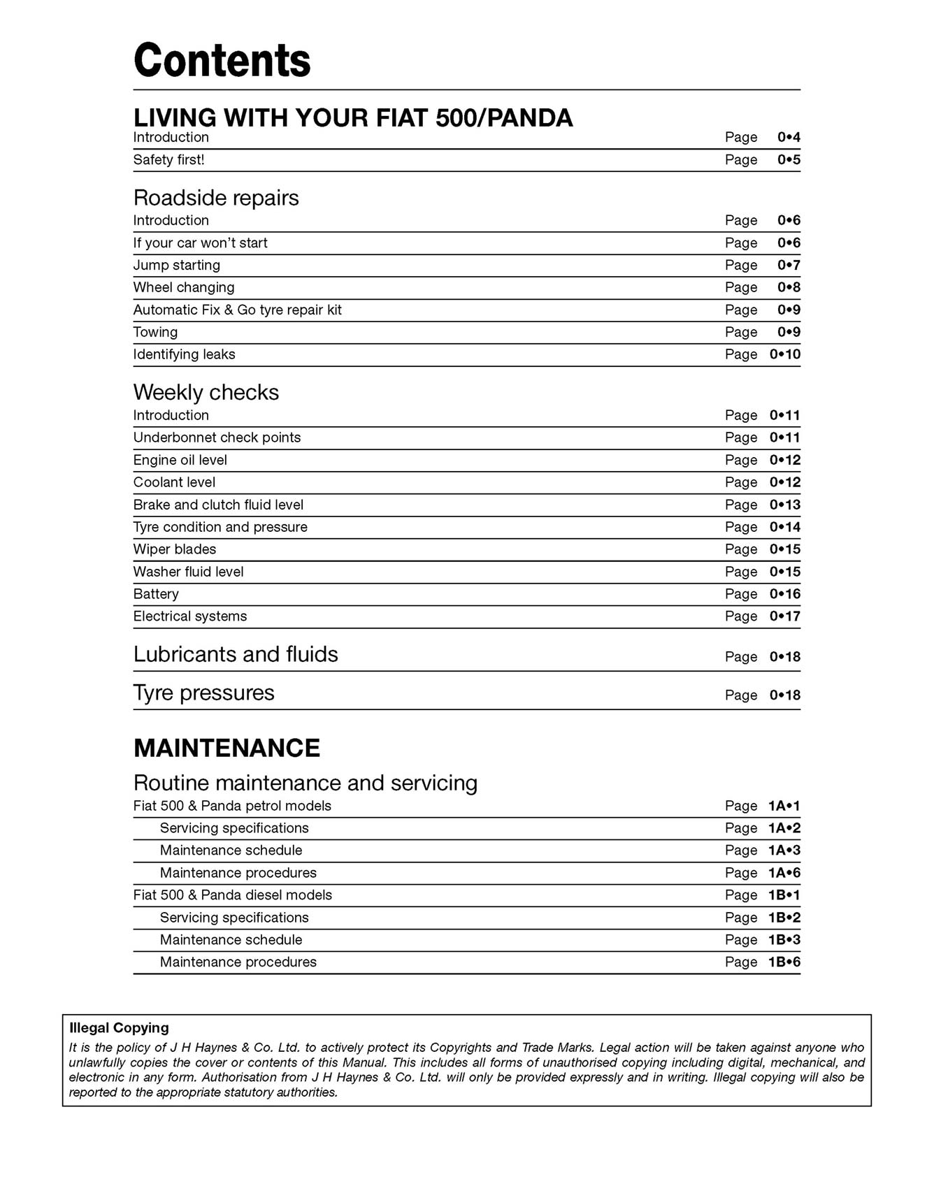 Fiat 500 & Panda (2004-2012) Haynes Repair Manual Printed Book Table of Contents