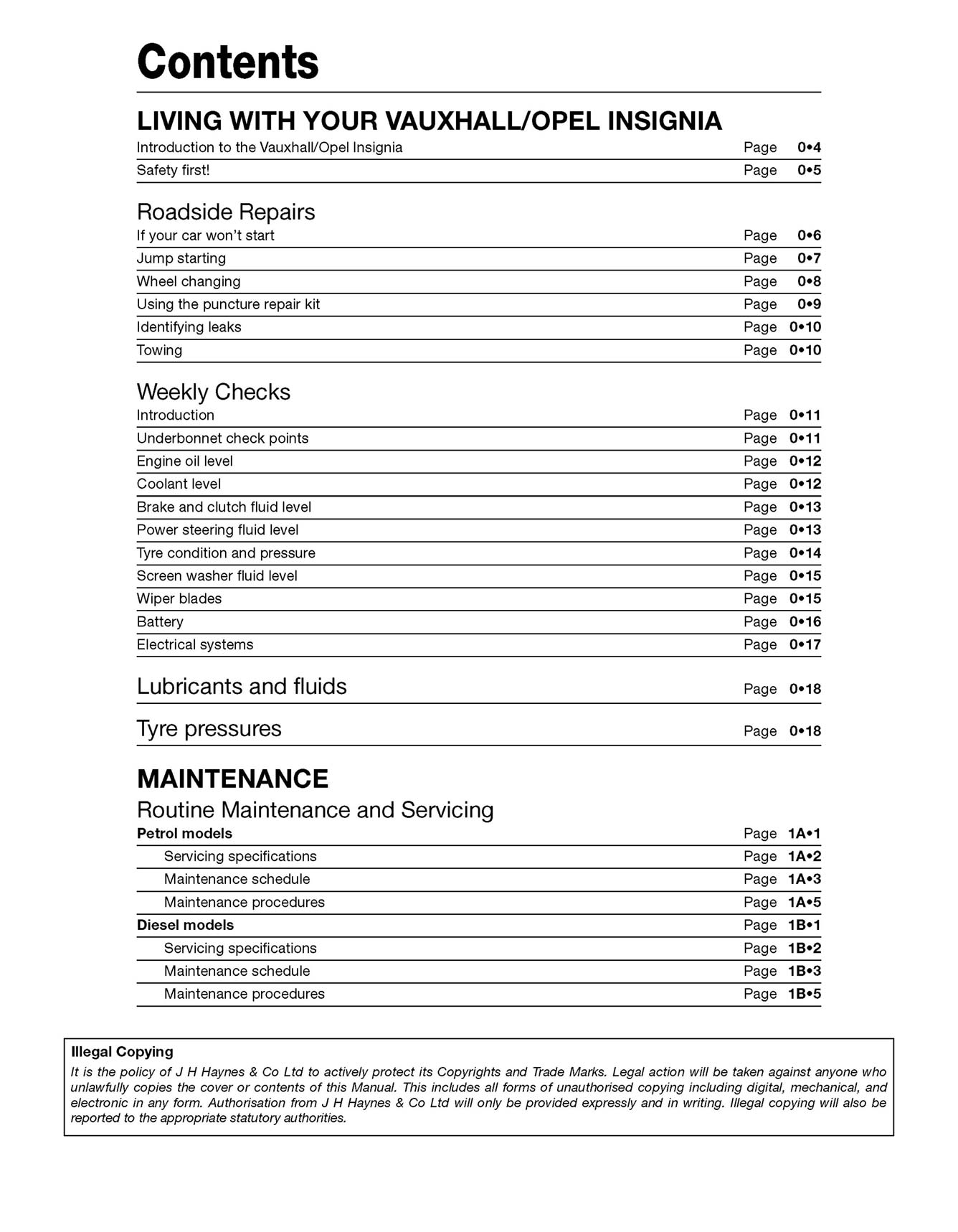 Vauxhall/Opel Insignia Petrol & Diesel (2008-2017) Haynes Repair Manual Printed Book Table of Contents