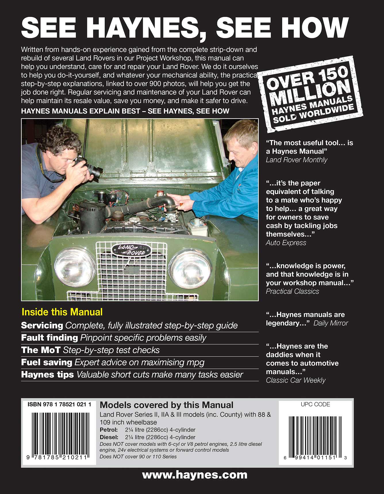 Land Rover Series II, IIA & III Petrol & Diesel (1958-1985) Haynes Repair Manual Printed Book Back Cover