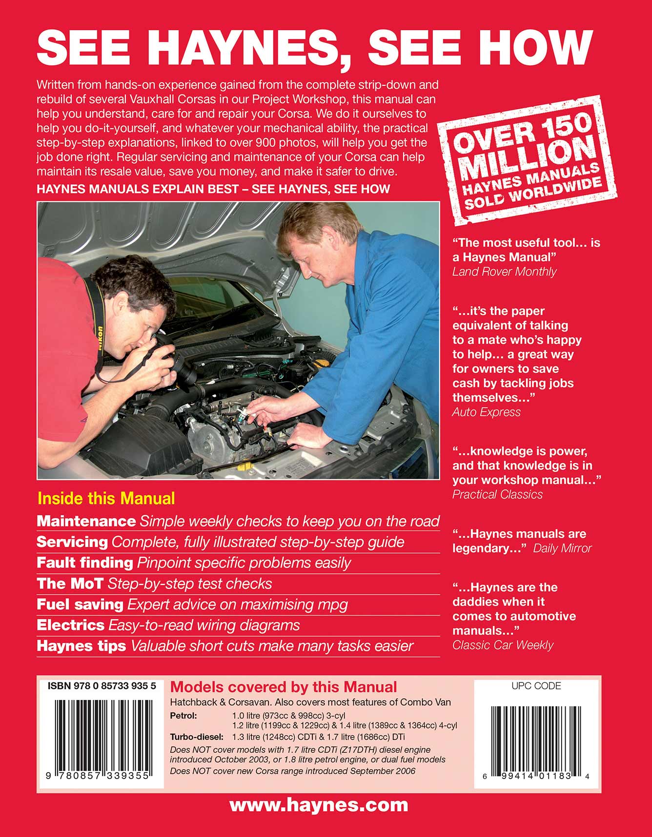 Vauxhall/Opel Corsa Petrol & Diesel (Oct 2000-Aug 2006) Haynes Repair Manual Printed Book Back Cover