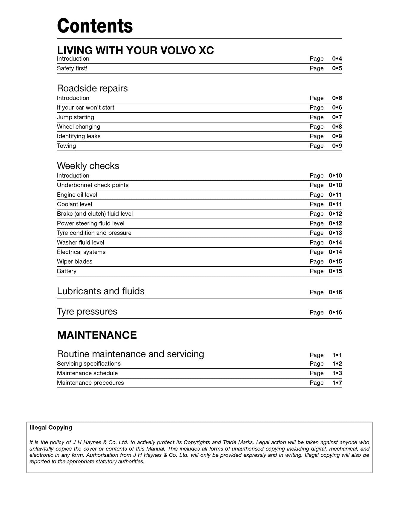 Volvo XC60 & XC90 Diesel (2003-2013) Haynes Repair Manual Printed Book Table of Contents