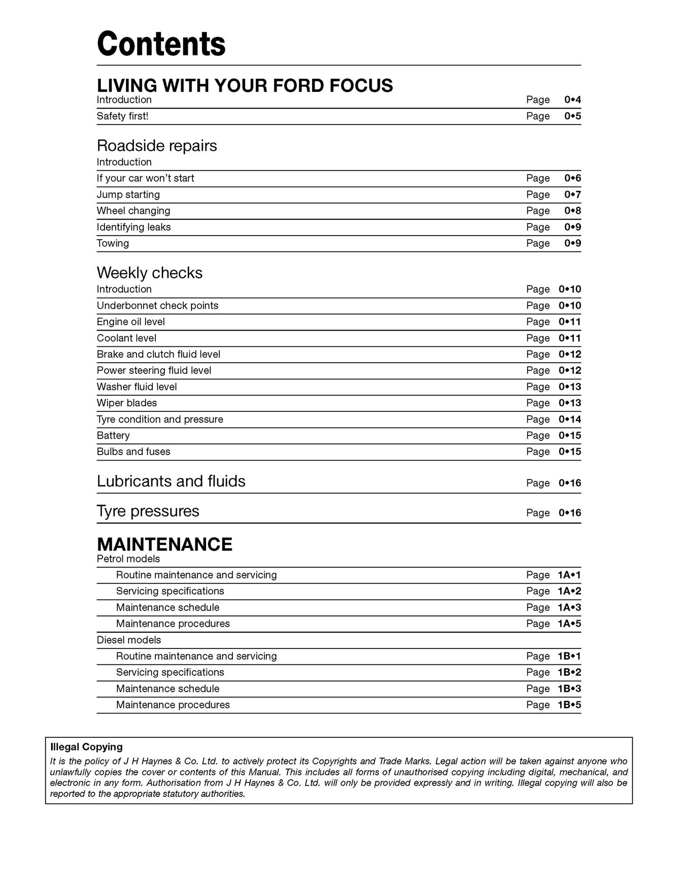 Ford Focus Petrol & Diesel (2011-2014) Haynes Repair Manual Printed Book Table of Contents