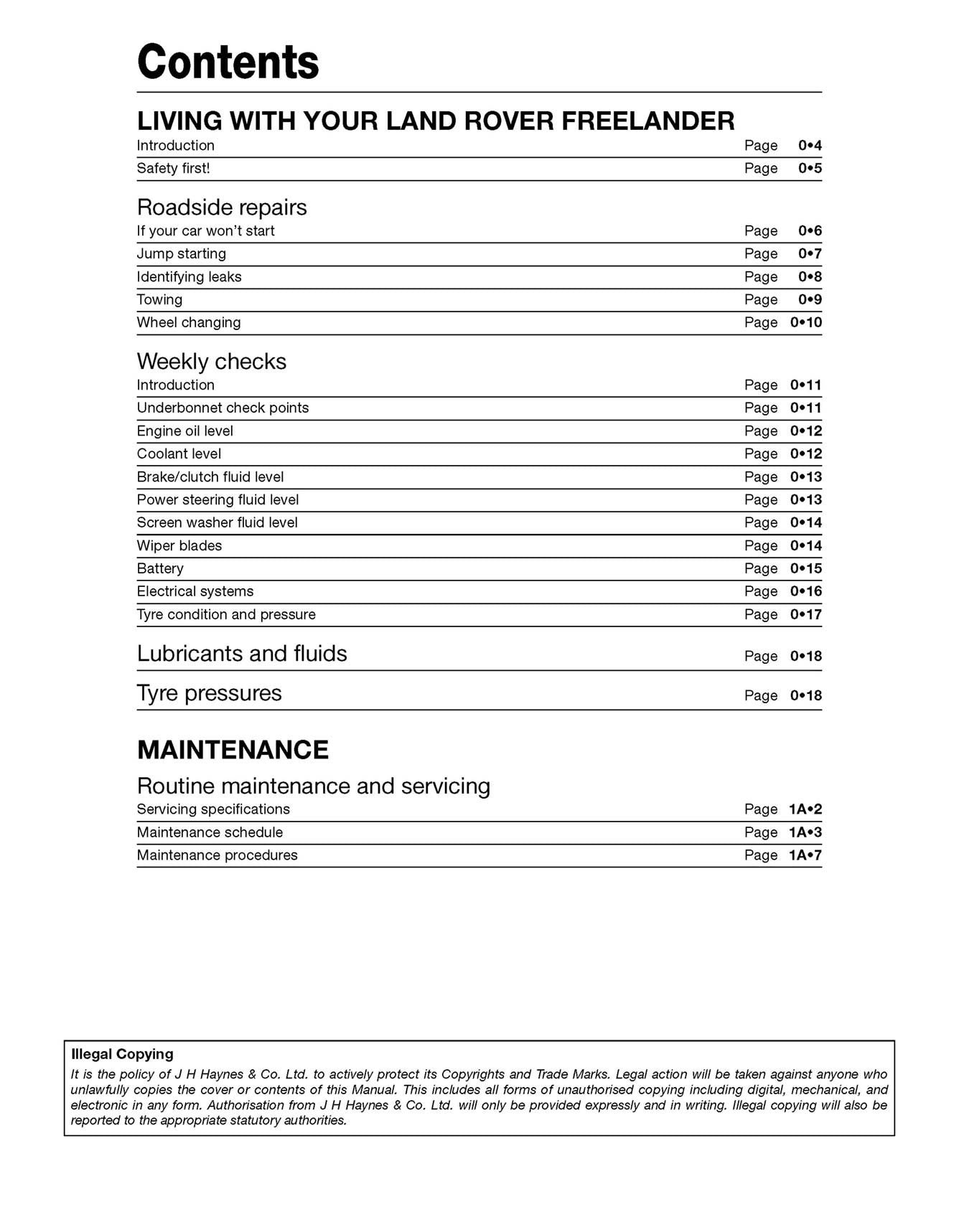 Land Rover Freelander (Nov 2006-2014) Haynes Repair Manual Printed Book Table of Contents