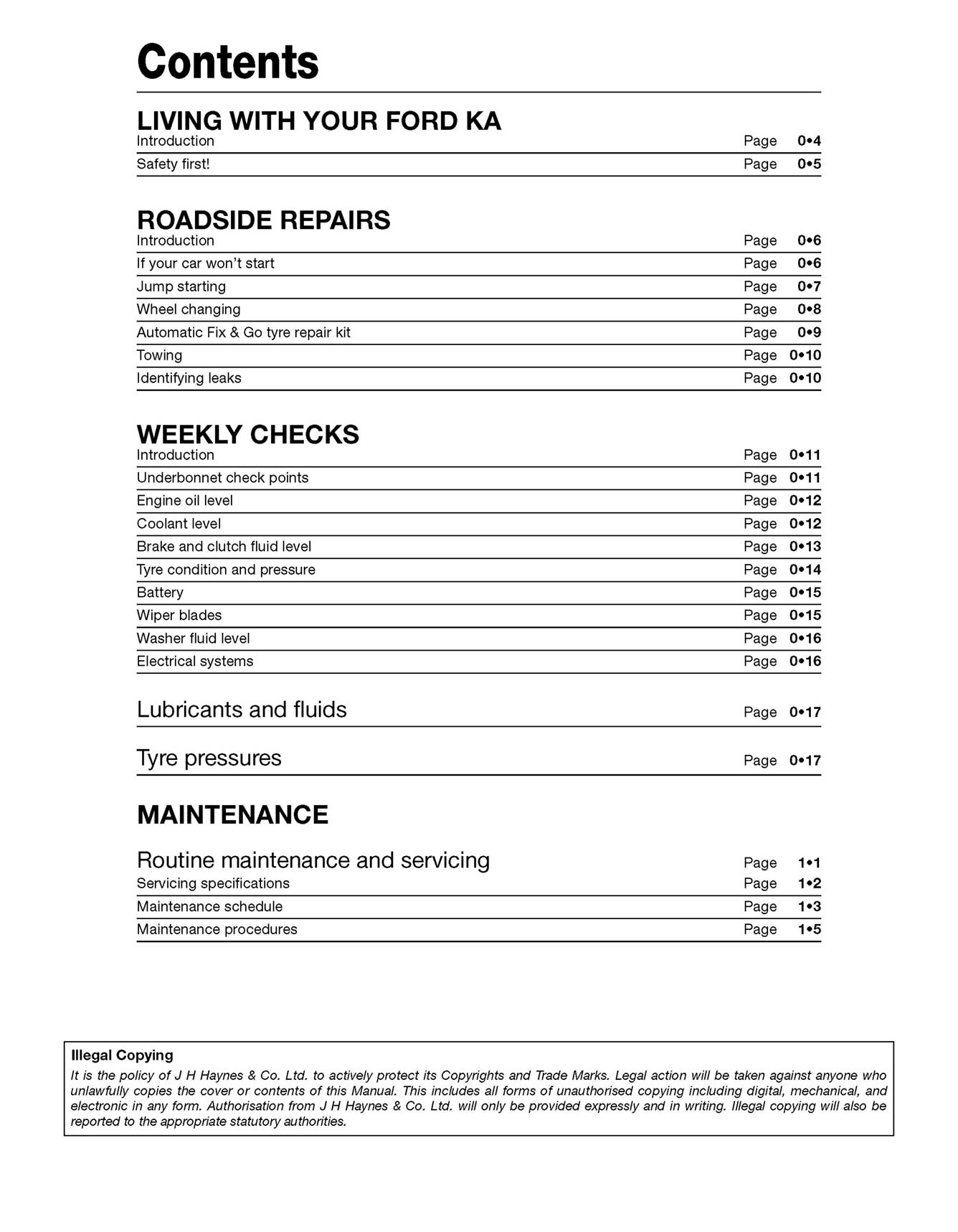 Ford Ka (2009-2016) Haynes Repair Manual Printed Book Table of Contents