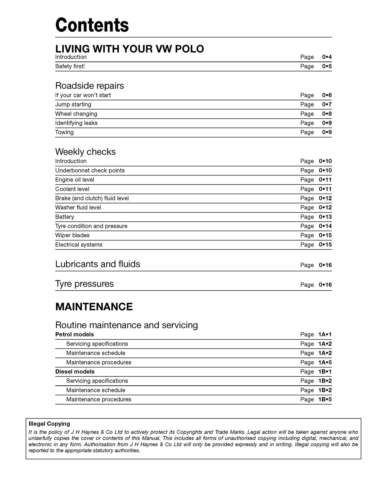 Volkswagen Polo (2009-2014) Haynes Repair Manual Printed Book Table of Contents