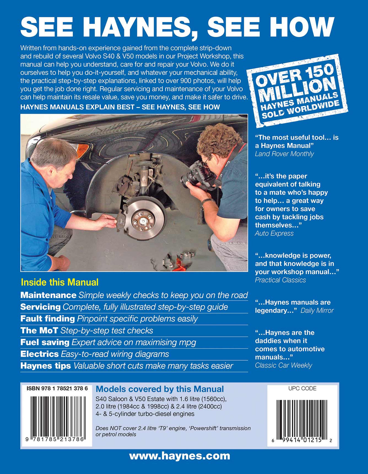 Volvo S40 & V50 Diesel (2007-2013) Haynes Repair Manual Printed Book Back Cover