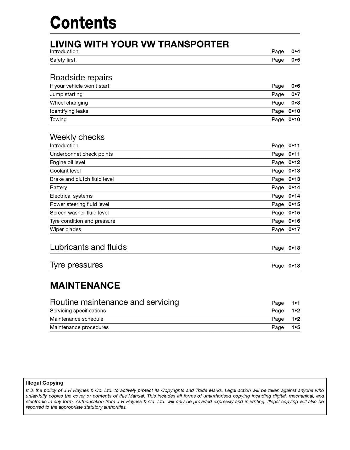 Volkswagen T5 Transporter (July 2003-2015) Haynes Repair Manual Printed Book Table of Contents