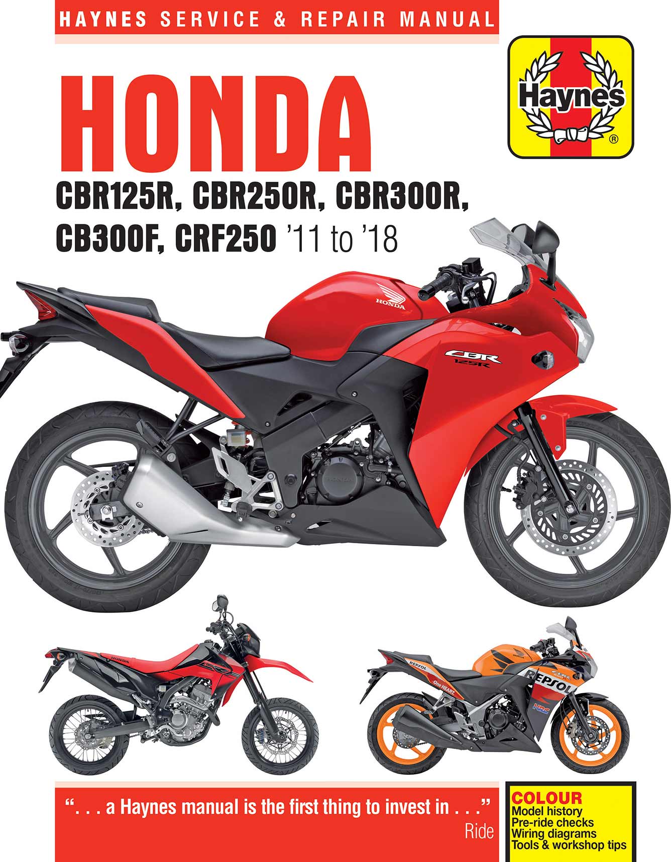 Honda CBR125/250/300R, CB300F & CRF250L/M (2011-2018) Haynes Repair Manual Printed Book Front Cover