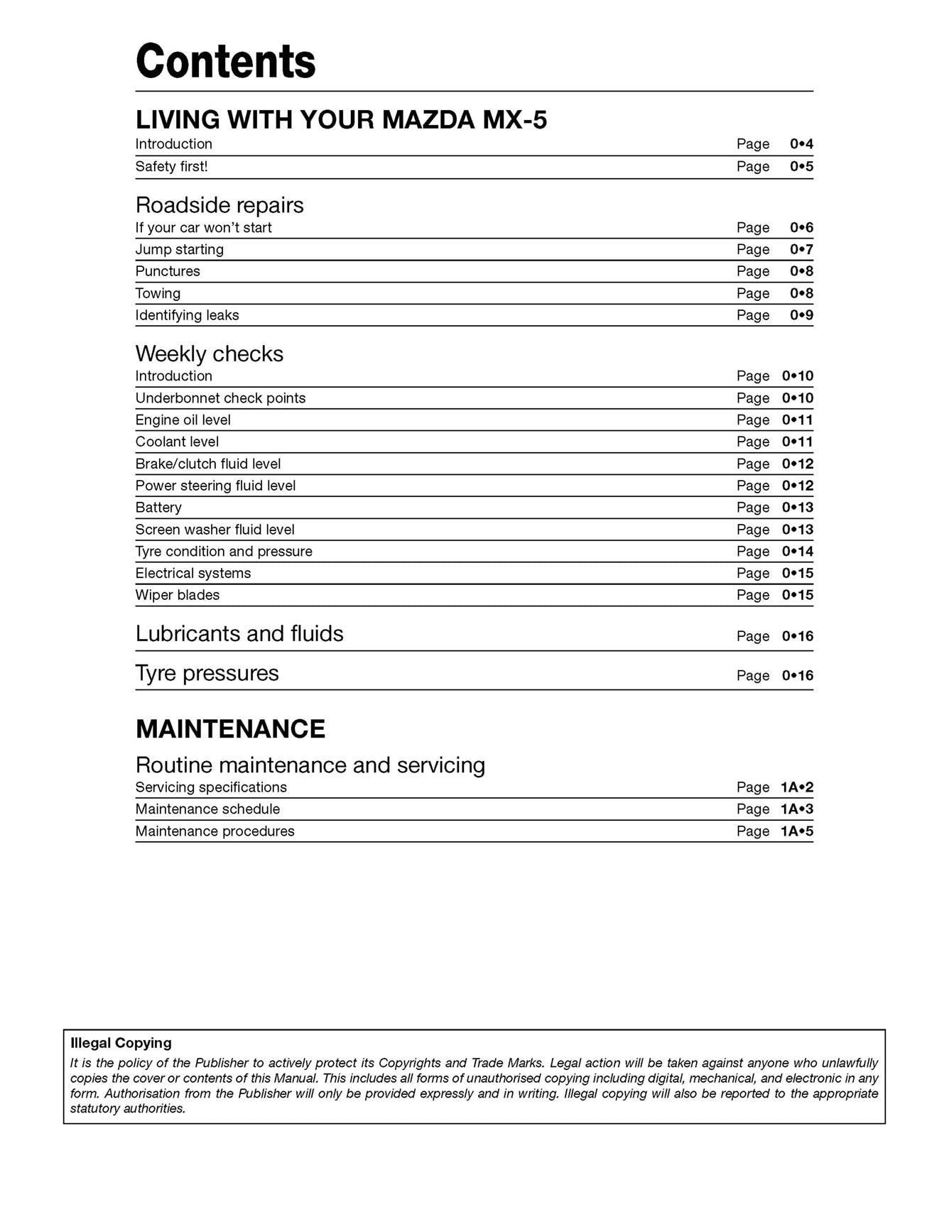 Mazda MX-5 (Oct 2005-July 2015) 55 to 15 Haynes Repair Manual Printed Book Table of Contents