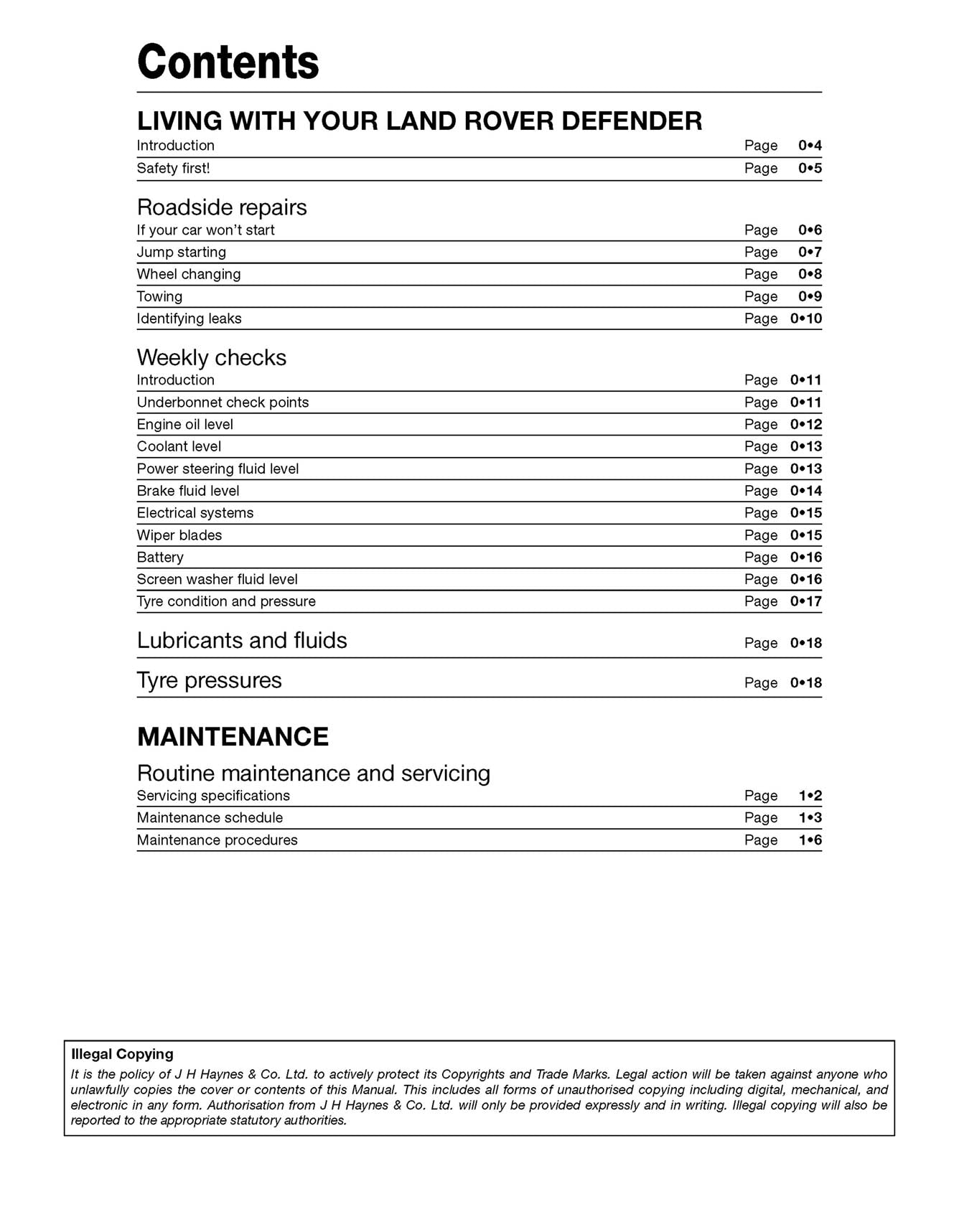 Land Rover Defender Diesel (Feb 2007-2016) 56 to 16 Haynes Repair Manual Printed Book Table of Contents