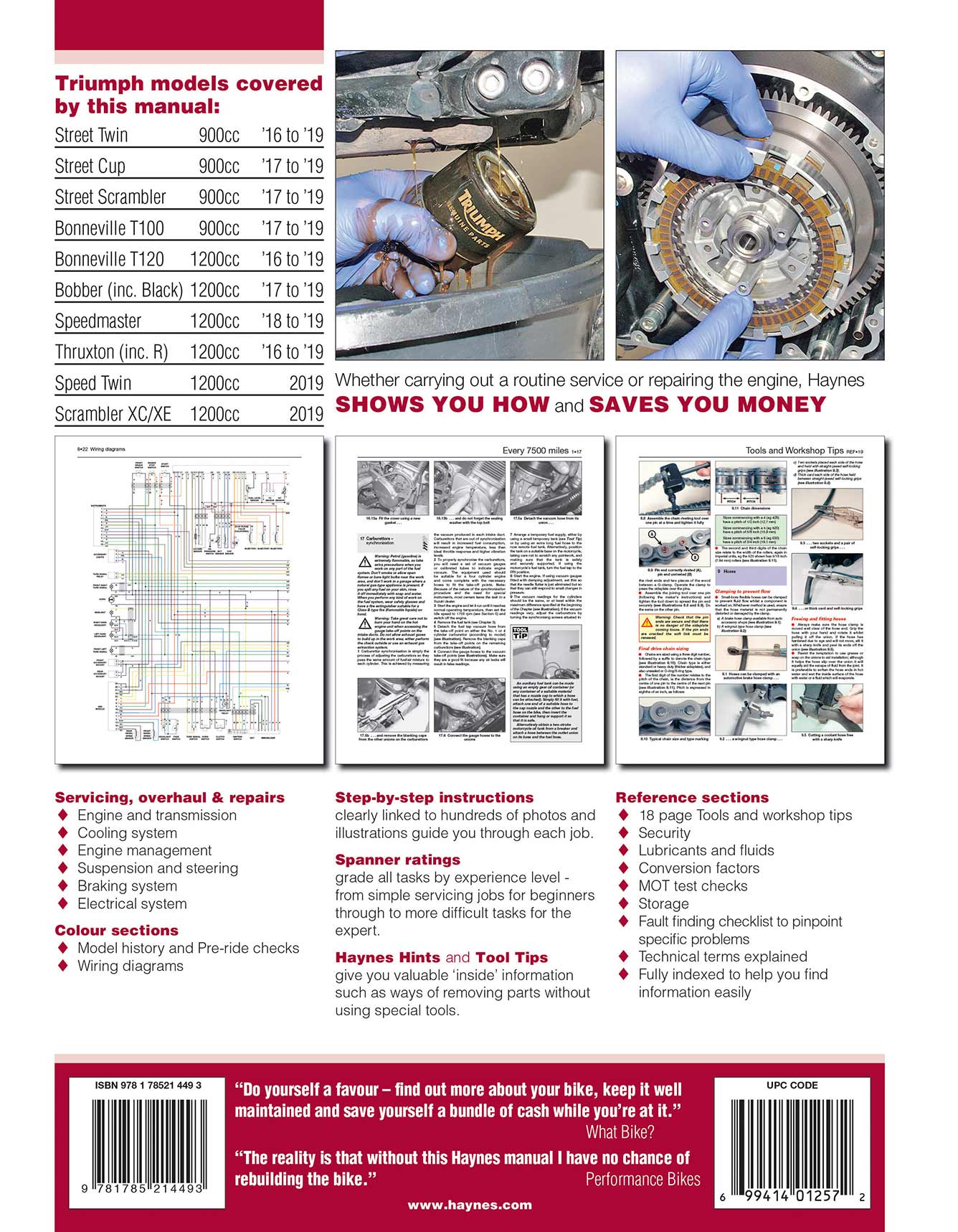 Triumph Bonneville T100, T120, Bobber, Thruxton, Street Twin, Cup & Scrambler (2016-2019) Haynes Repair Manual