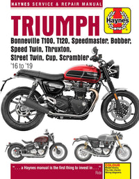 Triumph Bonneville T100, T120, Bobber, Thruxton, Street Twin, Cup & Scrambler (2016-2019) Haynes Repair Manual Printed Book Front Cover