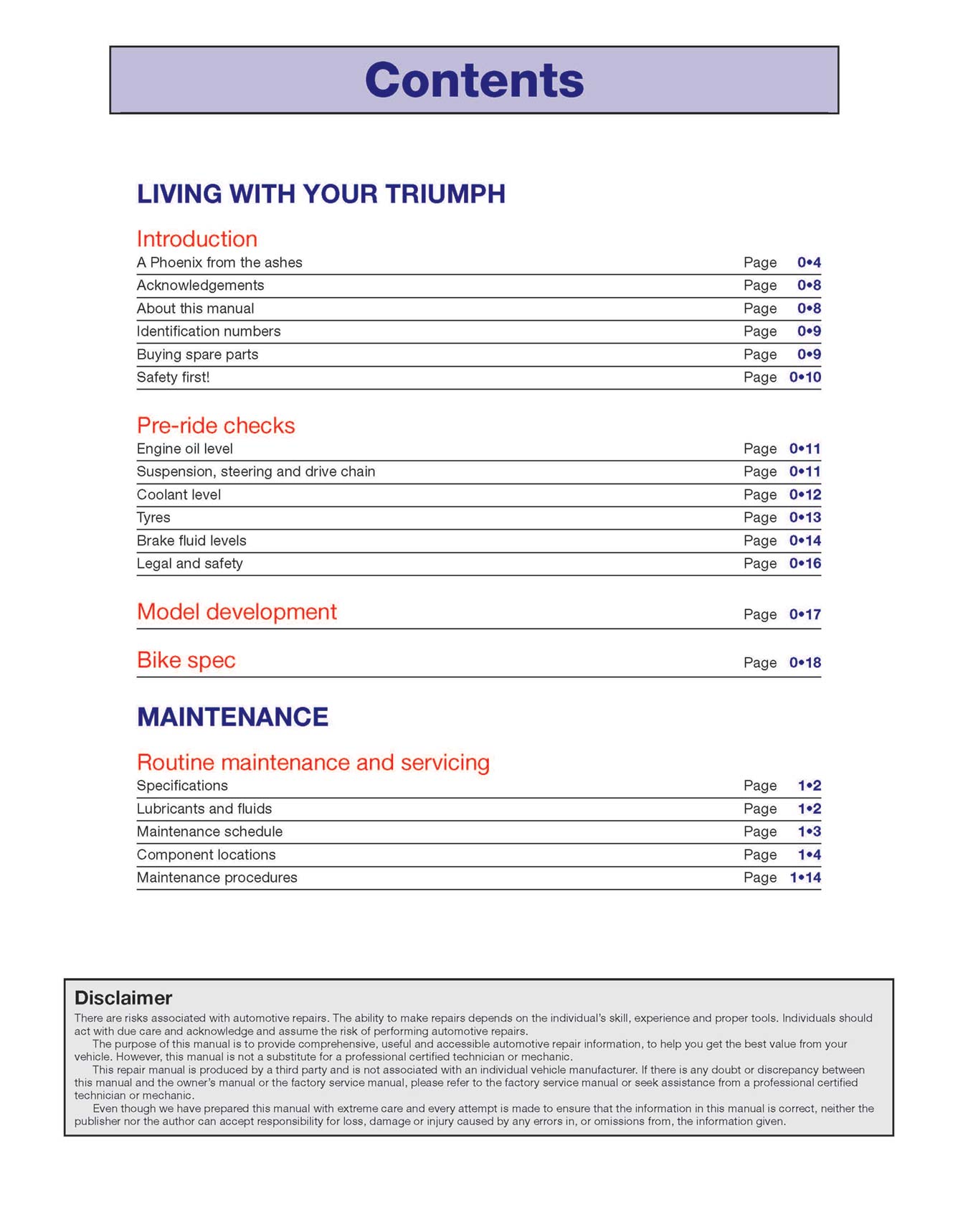 Triumph Bonneville T100, T120, Bobber, Thruxton, Street Twin, Cup & Scrambler (2016-2019) Haynes Repair Manual Printed Book Table of Contents