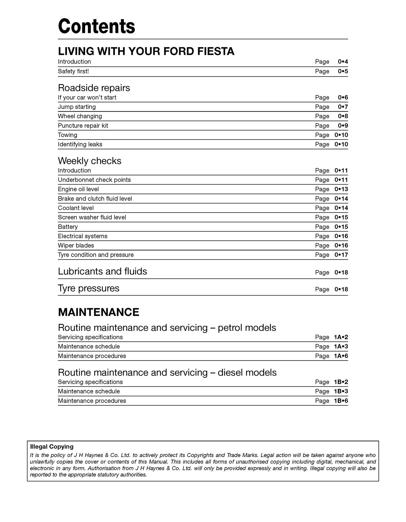 Ford Fiesta Petrol & Diesel (2013-2017) 62 to 17 Haynes Repair Manual Printed Book Table of Contents