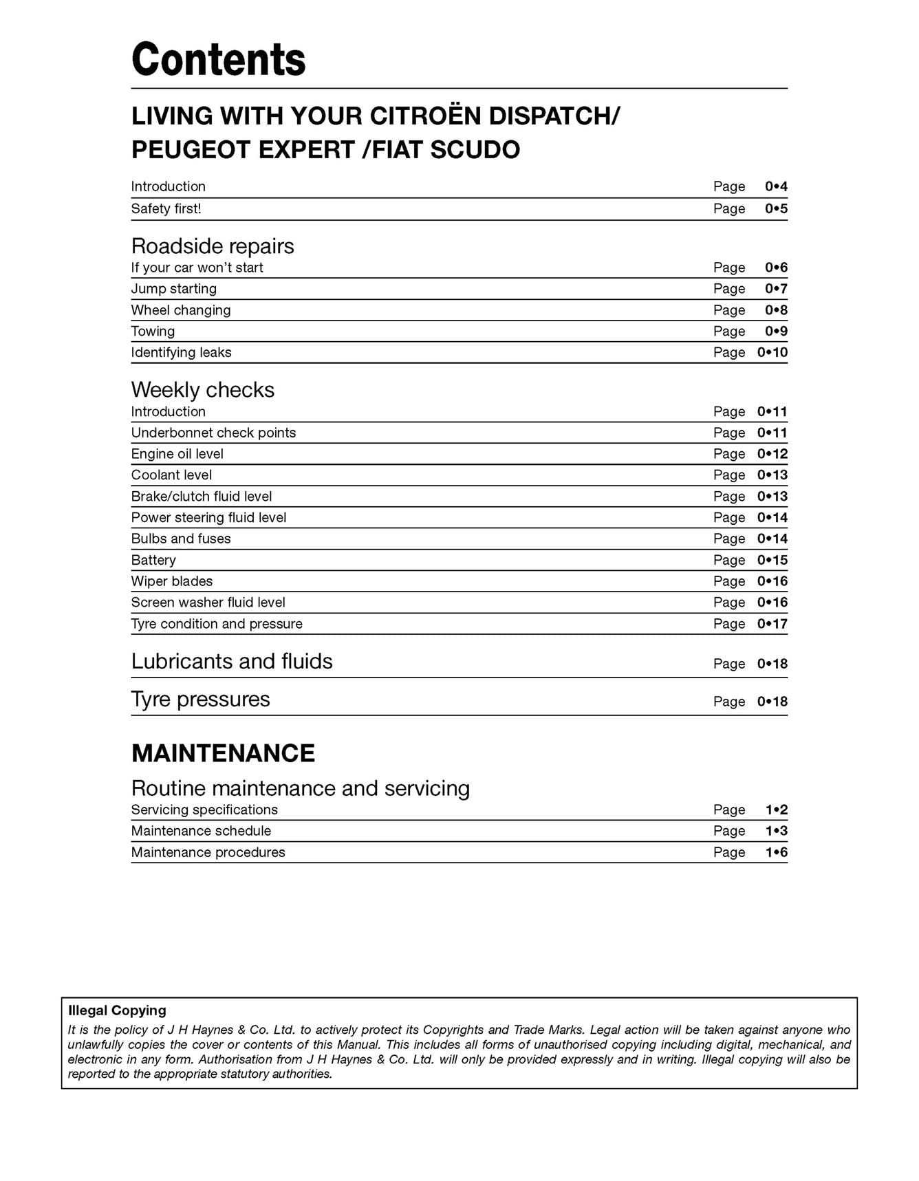 Citroen Dispatch, Peugeot Expert & Fiat Scudo Diesel 56 to 16 (2007-Aug 2016) Haynes Repair Manual Printed Book Table of Contents