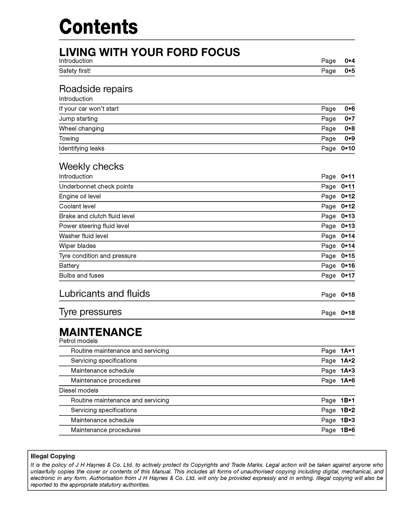 Ford Focus Petrol & Diesel 64 to 18 (Oct 2014-2018) Haynes Repair Manual Printed Book Table of Contents