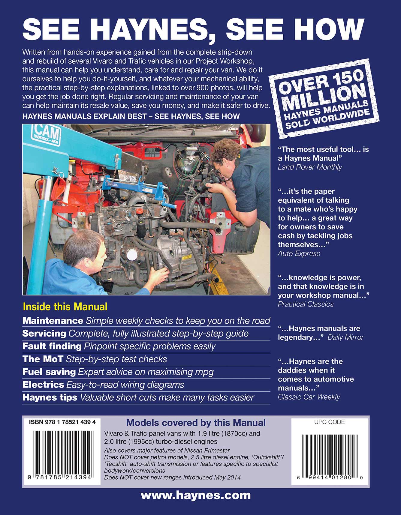 Vauxhall/Opel Vivaro & Renault Trafic Diesel May 2001-Apr 2014 (Y to 14 reg) Haynes Repair Manual