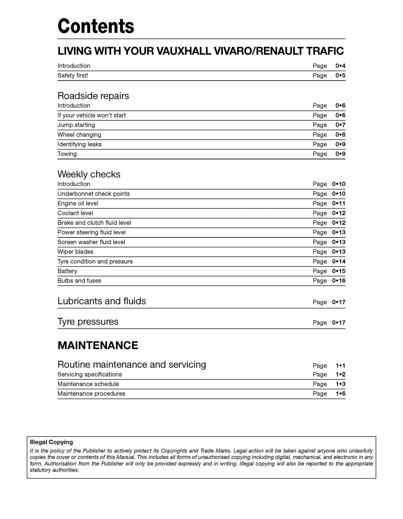 Vauxhall/Opel Vivaro & Renault Trafic Diesel May 2001-Apr 2014 (Y to 14 reg) Haynes Repair Manual Printed Book Table of Contents