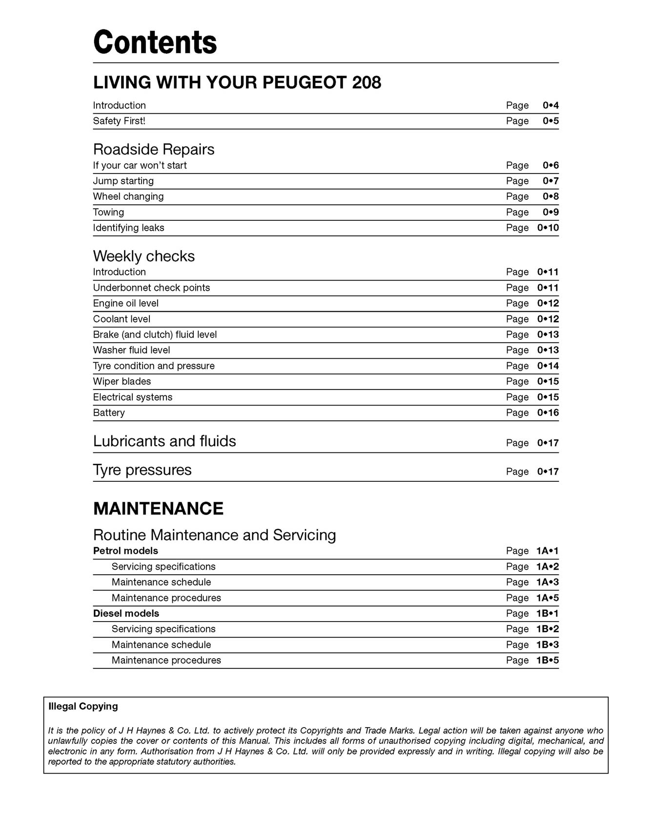 Peugeot 208 Petrol & Diesel (2012-2019) 12 to 69 reg Haynes Repair Manual Printed Book Table of Contents