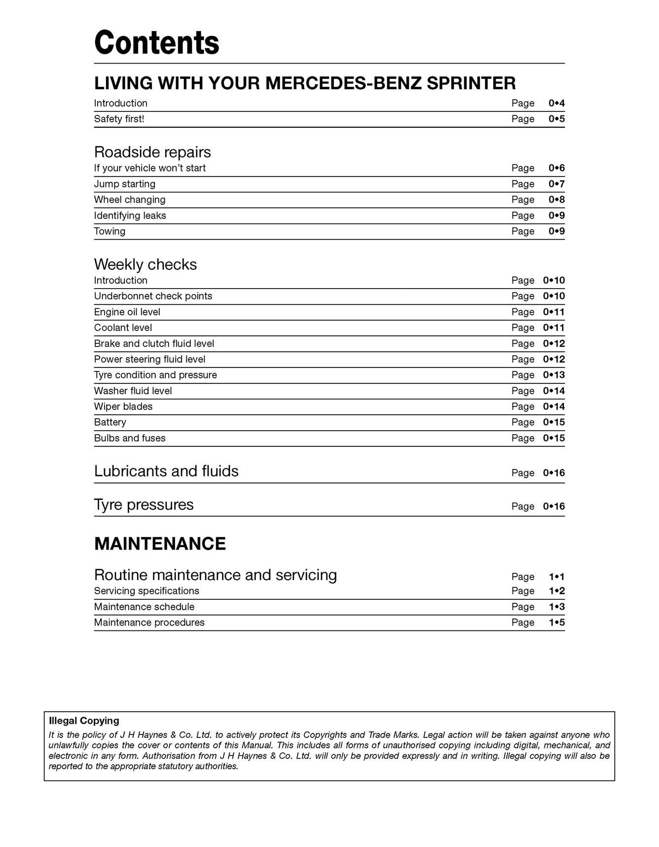 Mercedes-Benz Sprinter Diesel Vans July 2009-May 2018 (09 to 18 reg) Haynes Repair Manual Printed Book Table of Contents