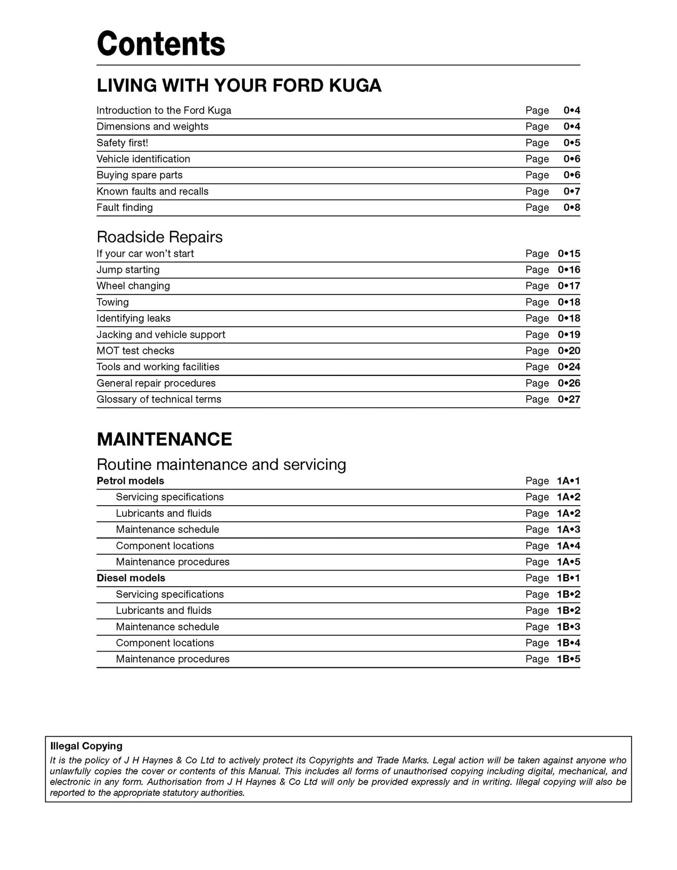 Ford Kuga 2013-Feb 2020 (62 to 69) Haynes Repair Manual Printed Book Table of Contents
